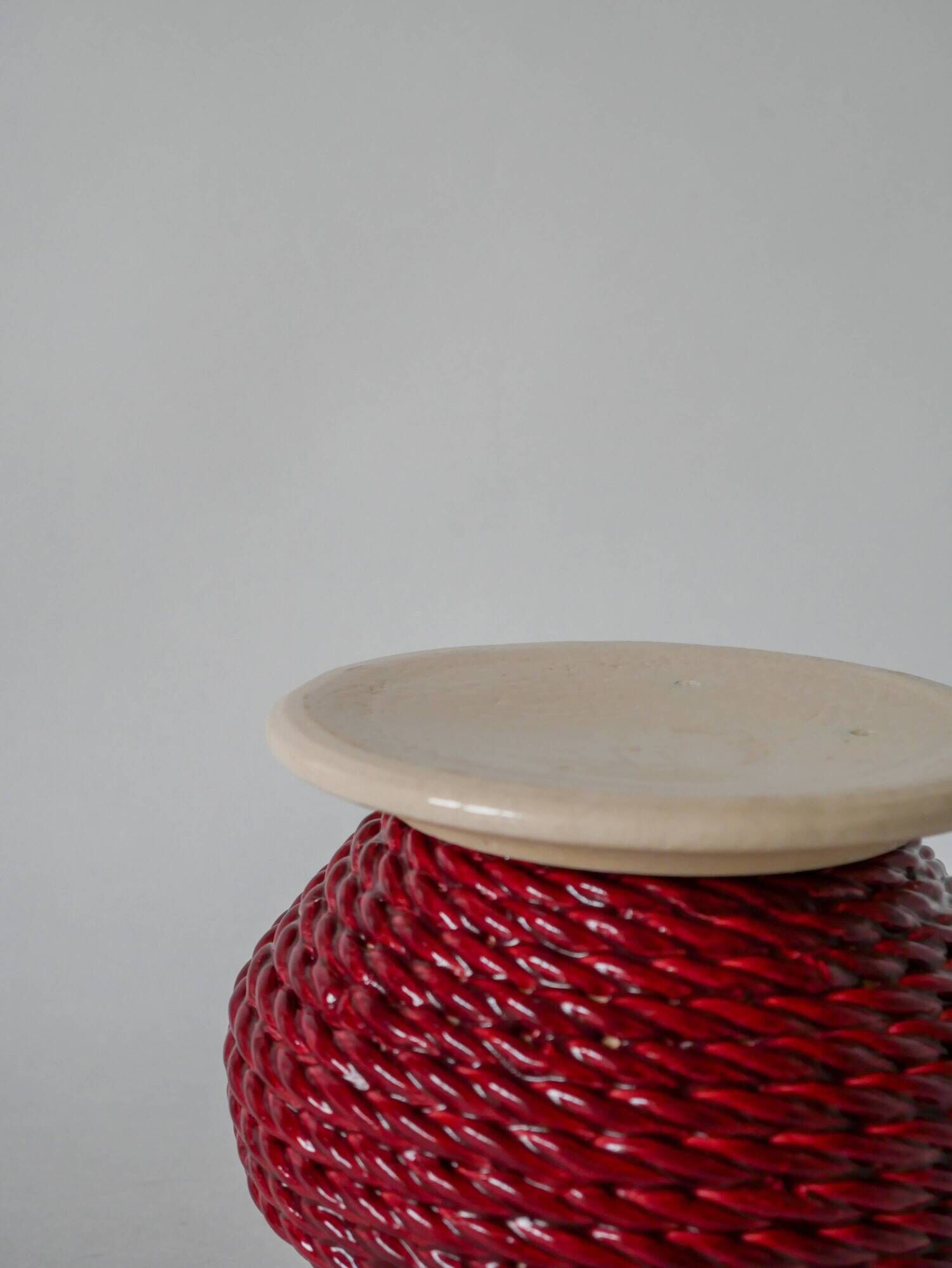 soliflore vase in burgundy and cream braided slip, 1960