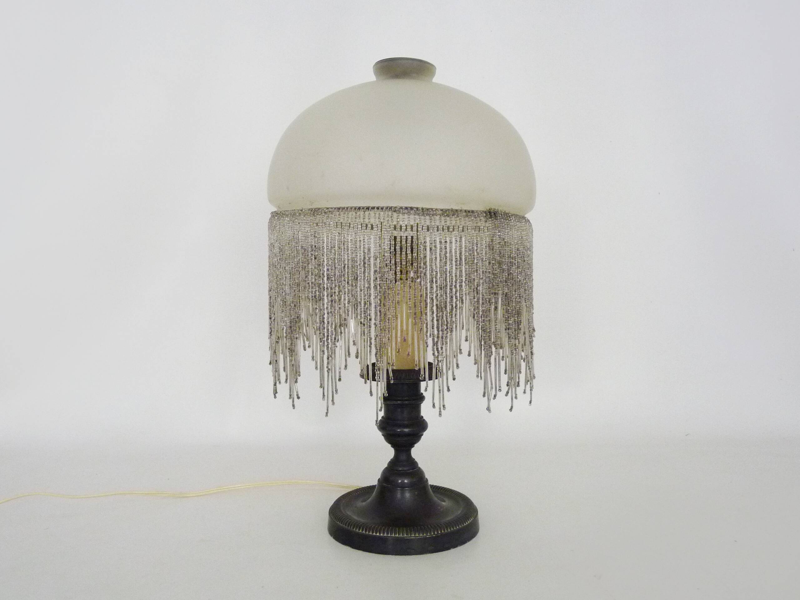 Table lamp, bedside lamp, silver metal base, globe and beads
