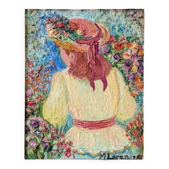 Peinture à l’huile de portrait vintage suédoise « élégance en fleur » du milieu du siècle, encadrée