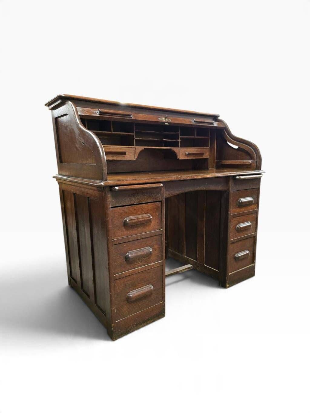 Bureau américain vintage en bois avec volet roulant