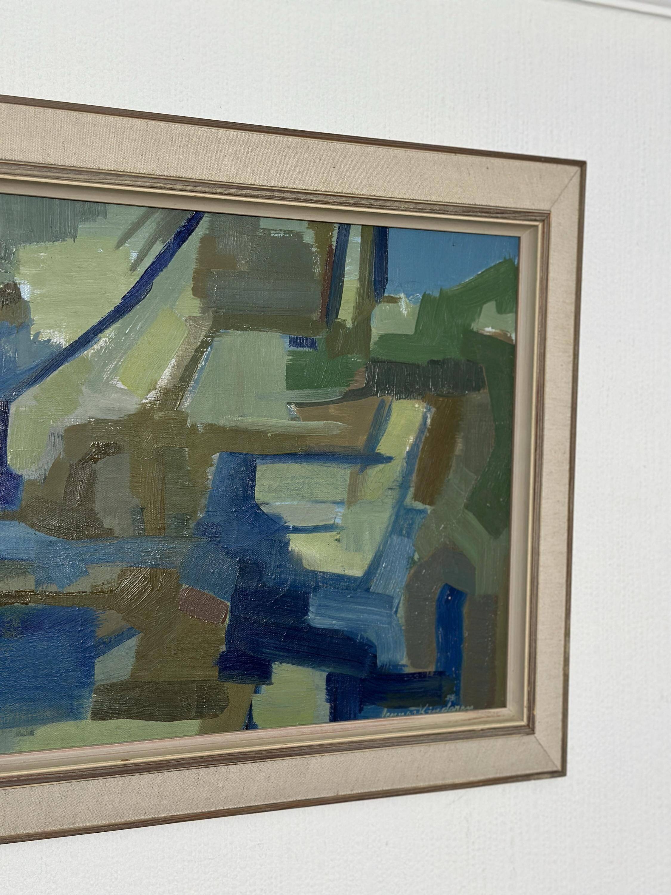 Original Swedish Oil On Canvas – “Blue And Green” By Lennart Kindgren – Vintage & Framed
