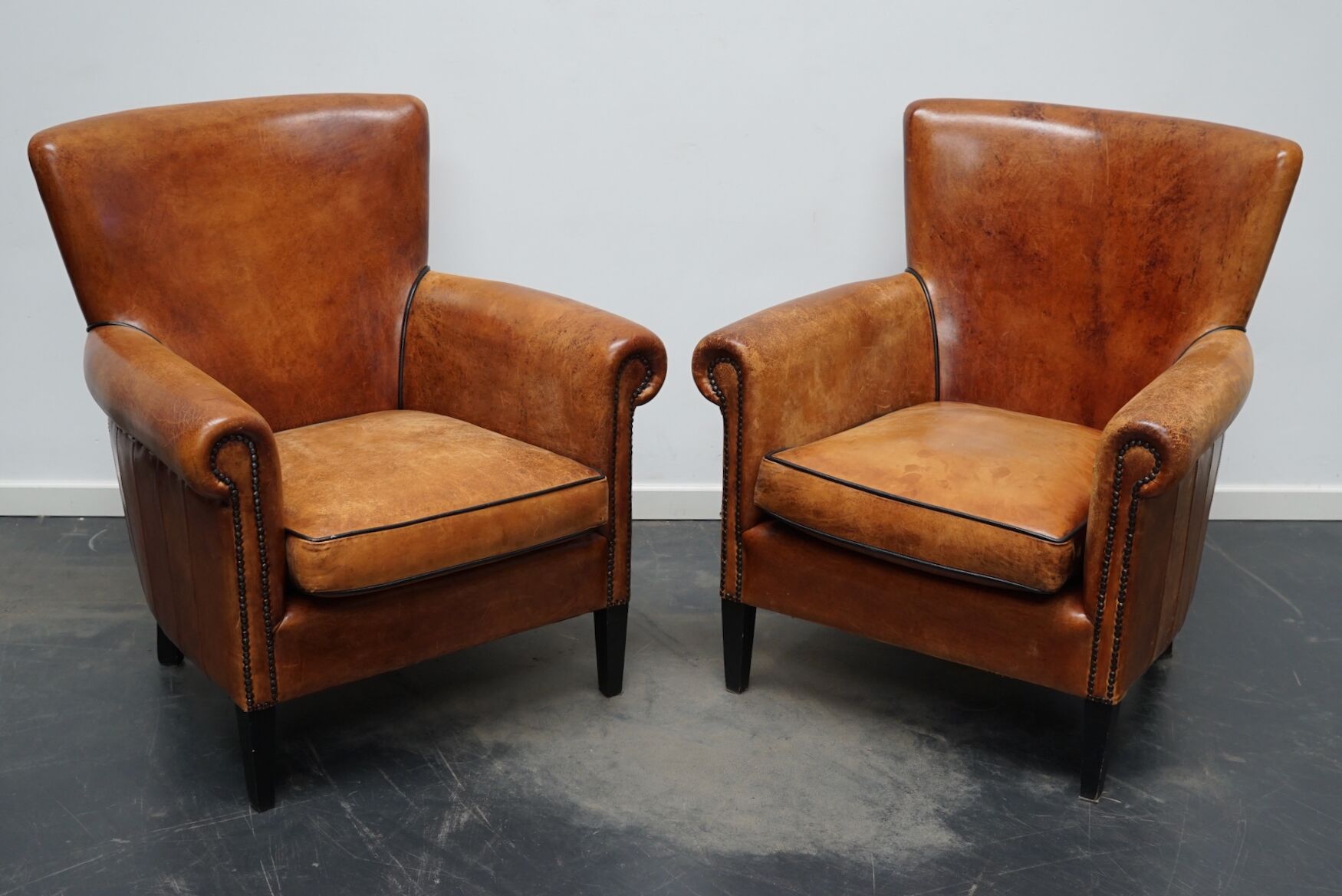 Fauteuil club en cuir vintage hollandais de couleur cognac, ensemble de 2