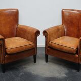 Fauteuil club en cuir vintage hollandais de couleur cognac, ensemble de 2