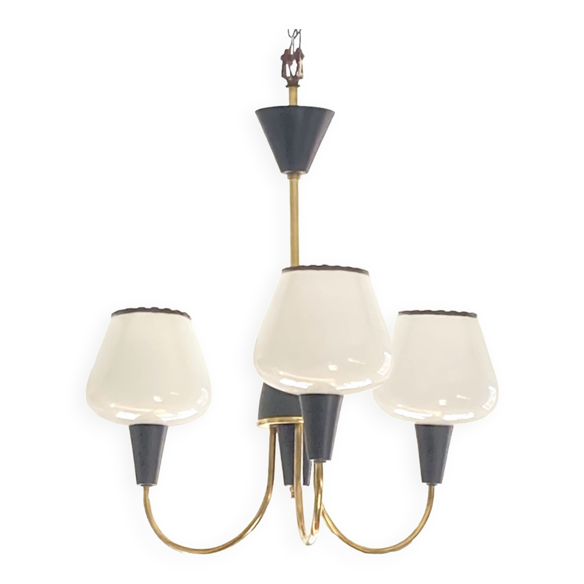 Brass chandelier and black metal tulips in white opaline glass 1950 1960 vintage suspension