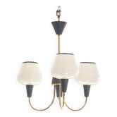 Lustre laiton et métal noir tulipes en verre opaline blanc 1950 1960 vintage suspension