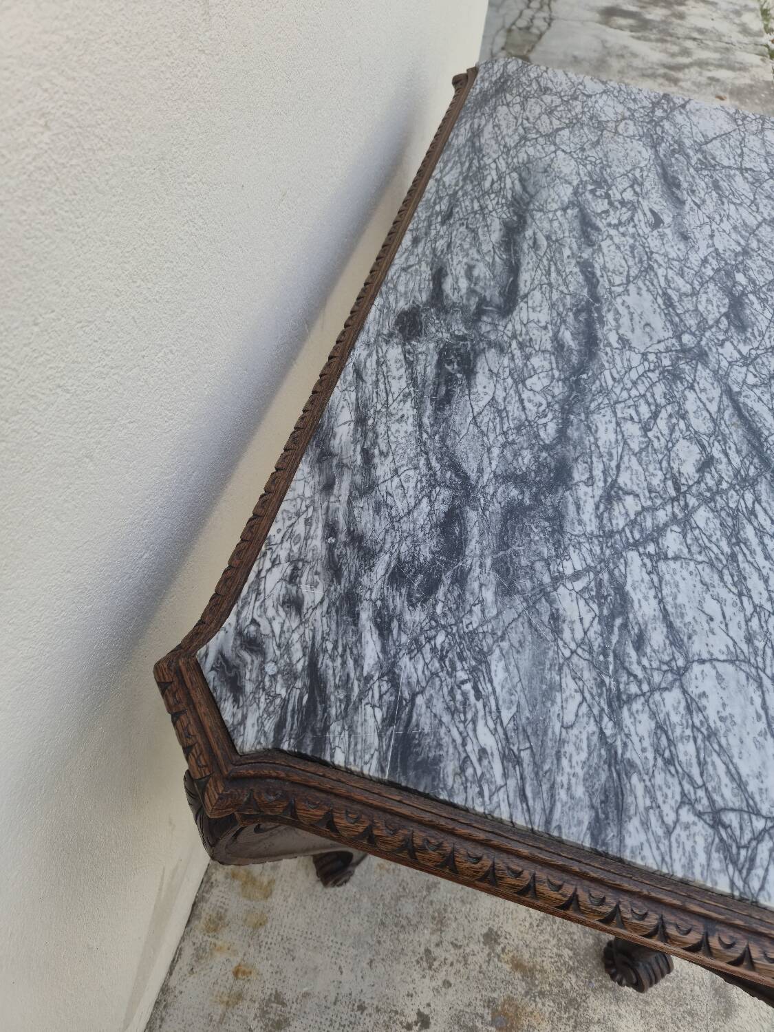 Louis XV style game table in solid oak and richly decorated marble