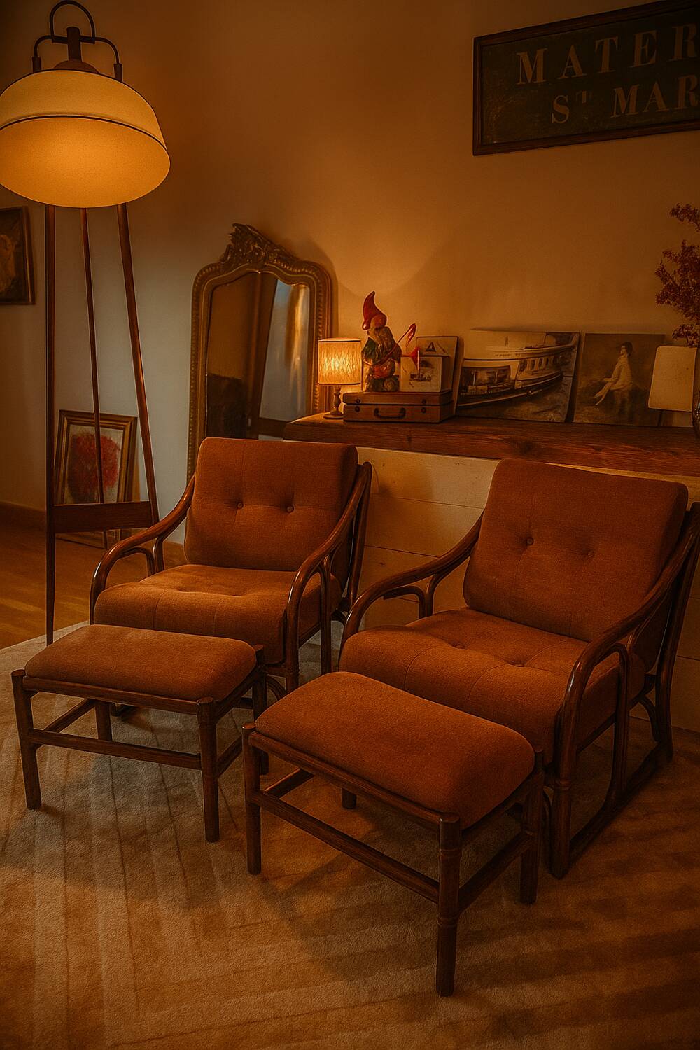 Vintage 70s velvet rattan set.