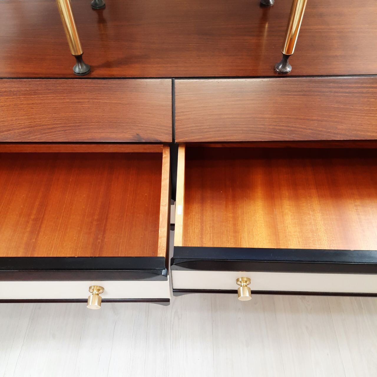 Dresser / chest of drawers and bedside tables - 1960s - faux leather brass