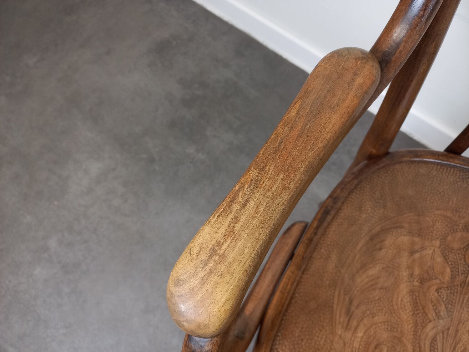 Pair of curved wooden bistro armchairs