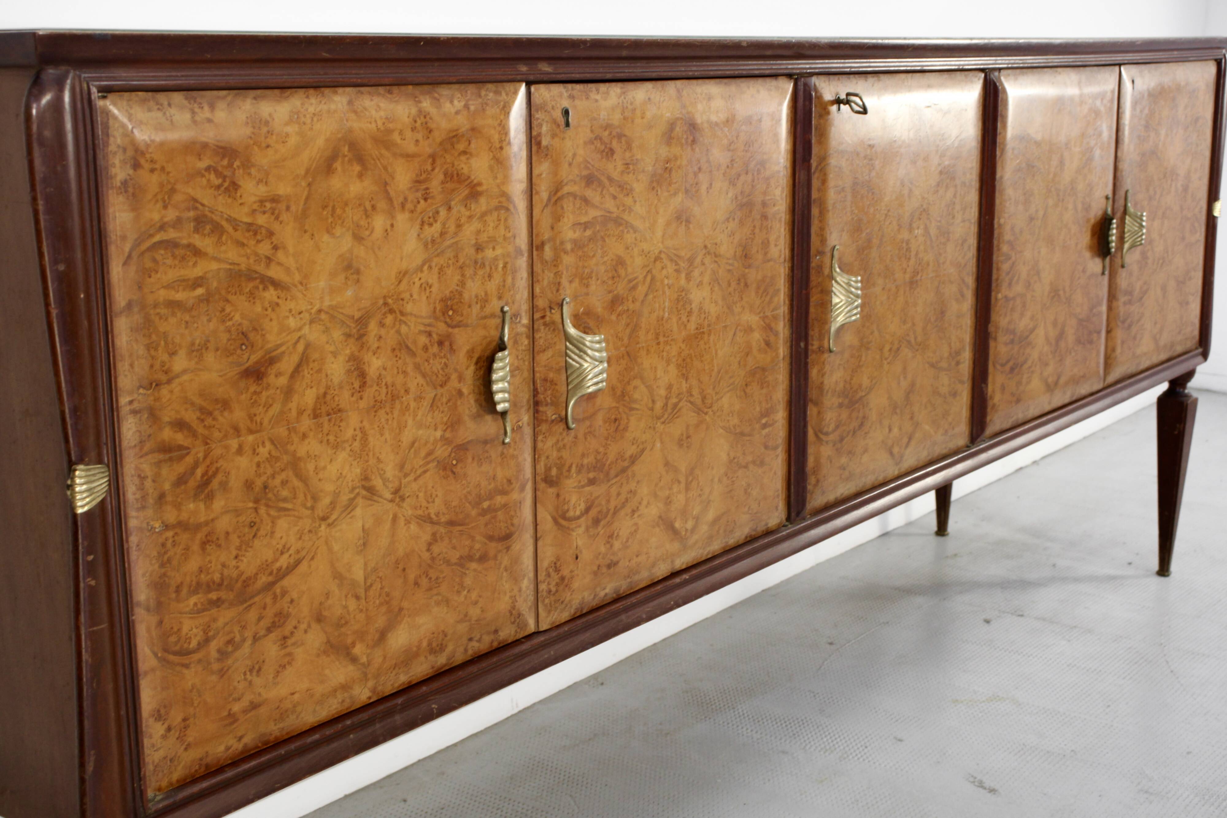 Midcentury Italian Sideboard In Walnut Root And Brass.