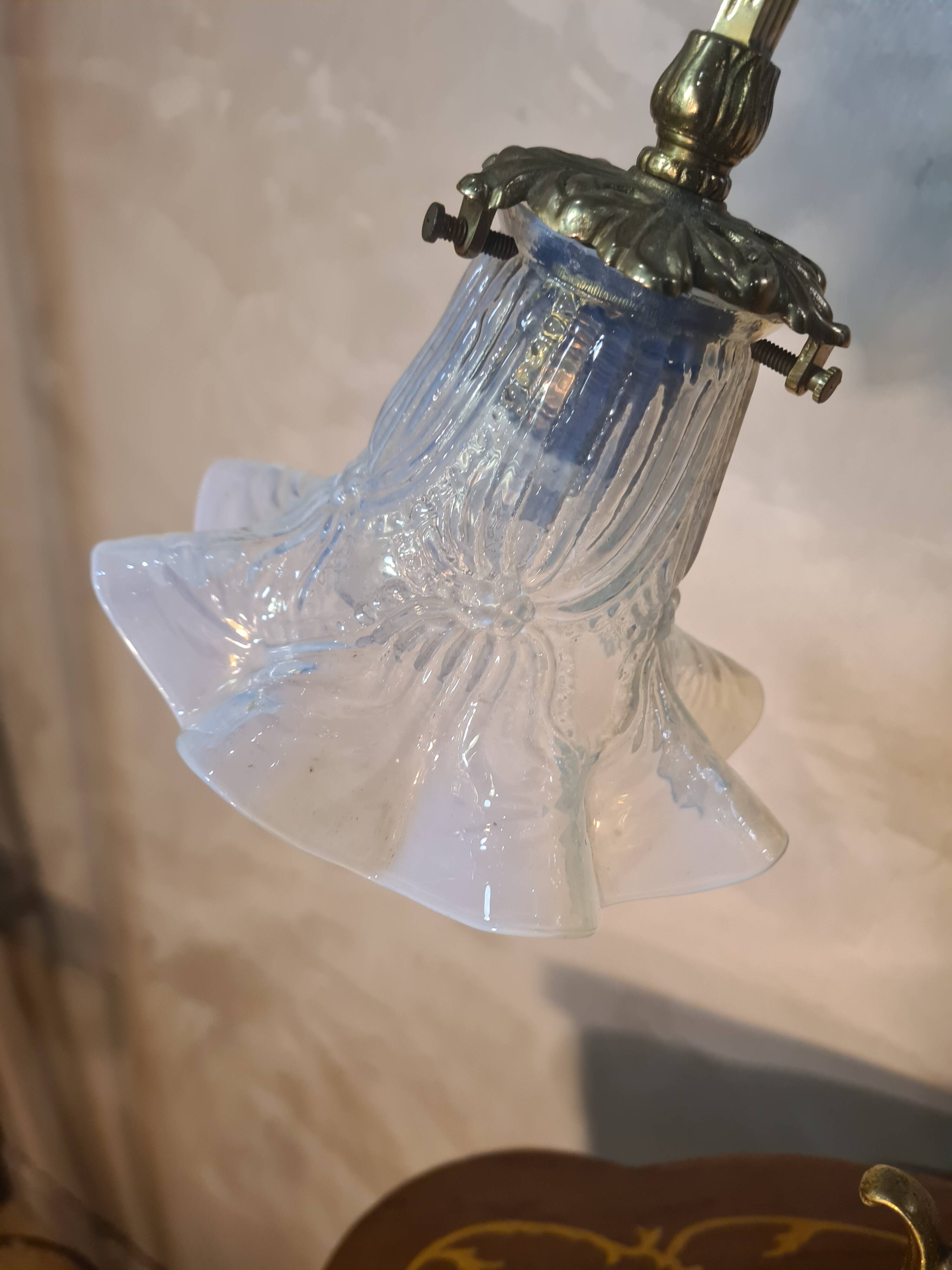 bronze and brass lamp with a magnificent blue moulded tulip, opalescent,