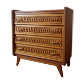 Commode en chêne et rotin des années 50