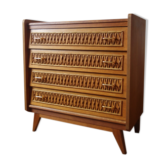 Commode en chêne et rotin des années 50