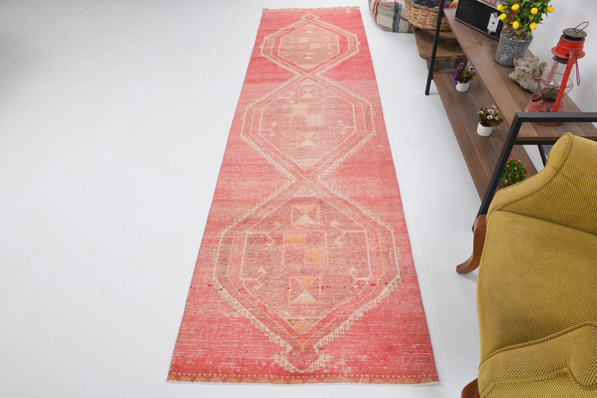 Red vintage runner rug, 91x341cm