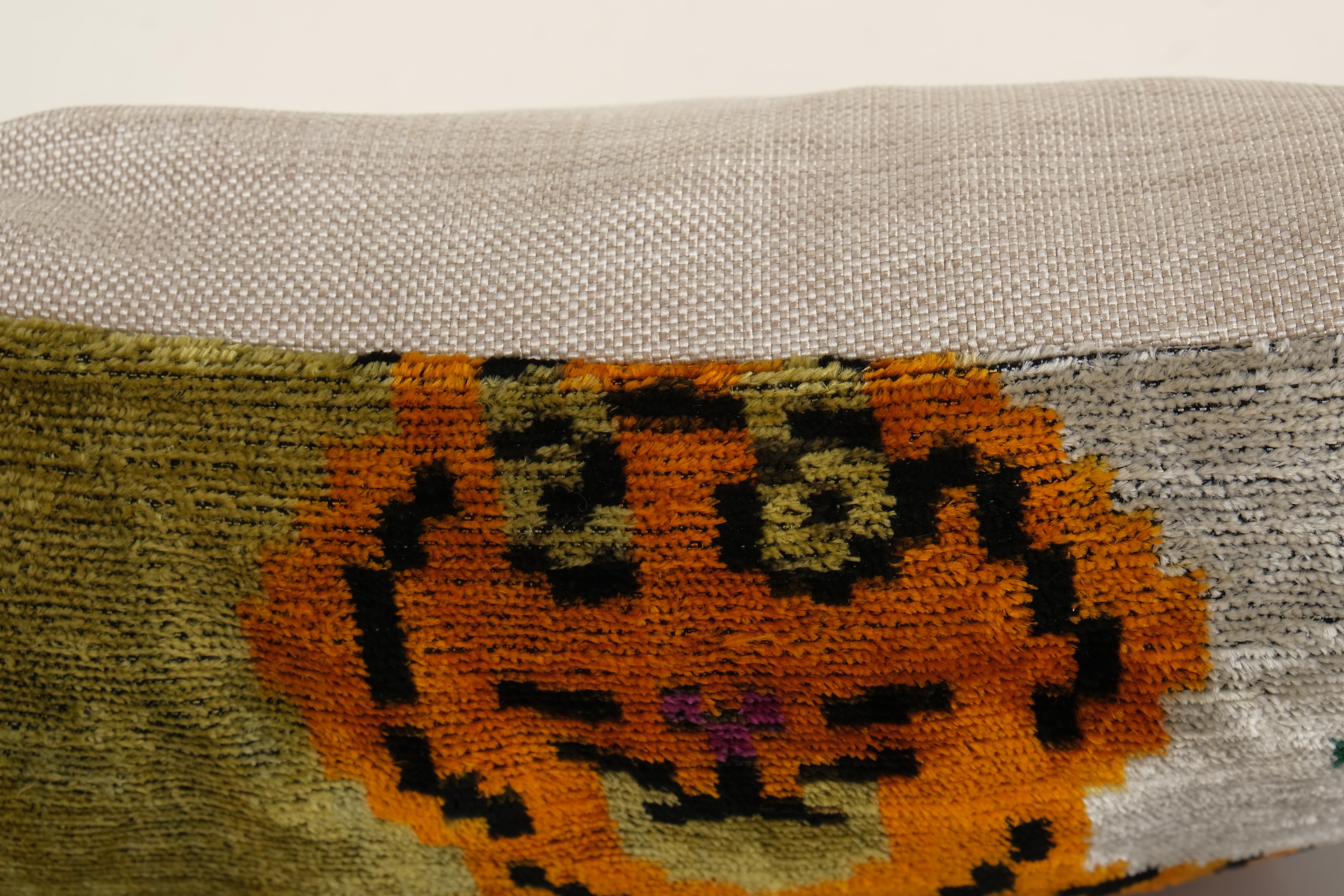 Square Silk Tiger Ikat Velvet Pillow, Yellow Animal Pattern Ethnic Cushion, Handloom Ethnic Pillow