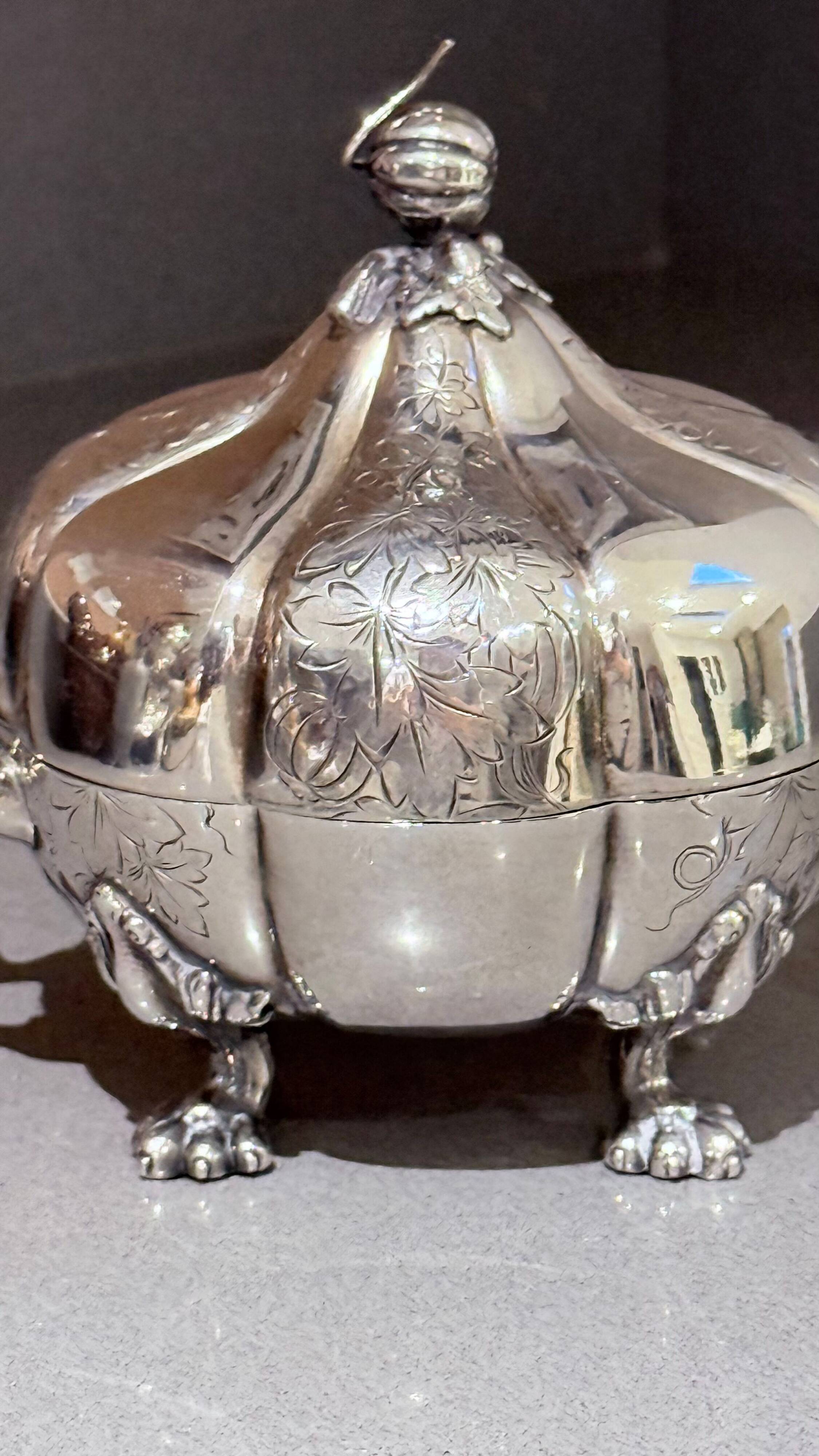 Antique Decorative Caviar Dish Caviar Serving, Silver Quadruple Plate Lid, Spoon