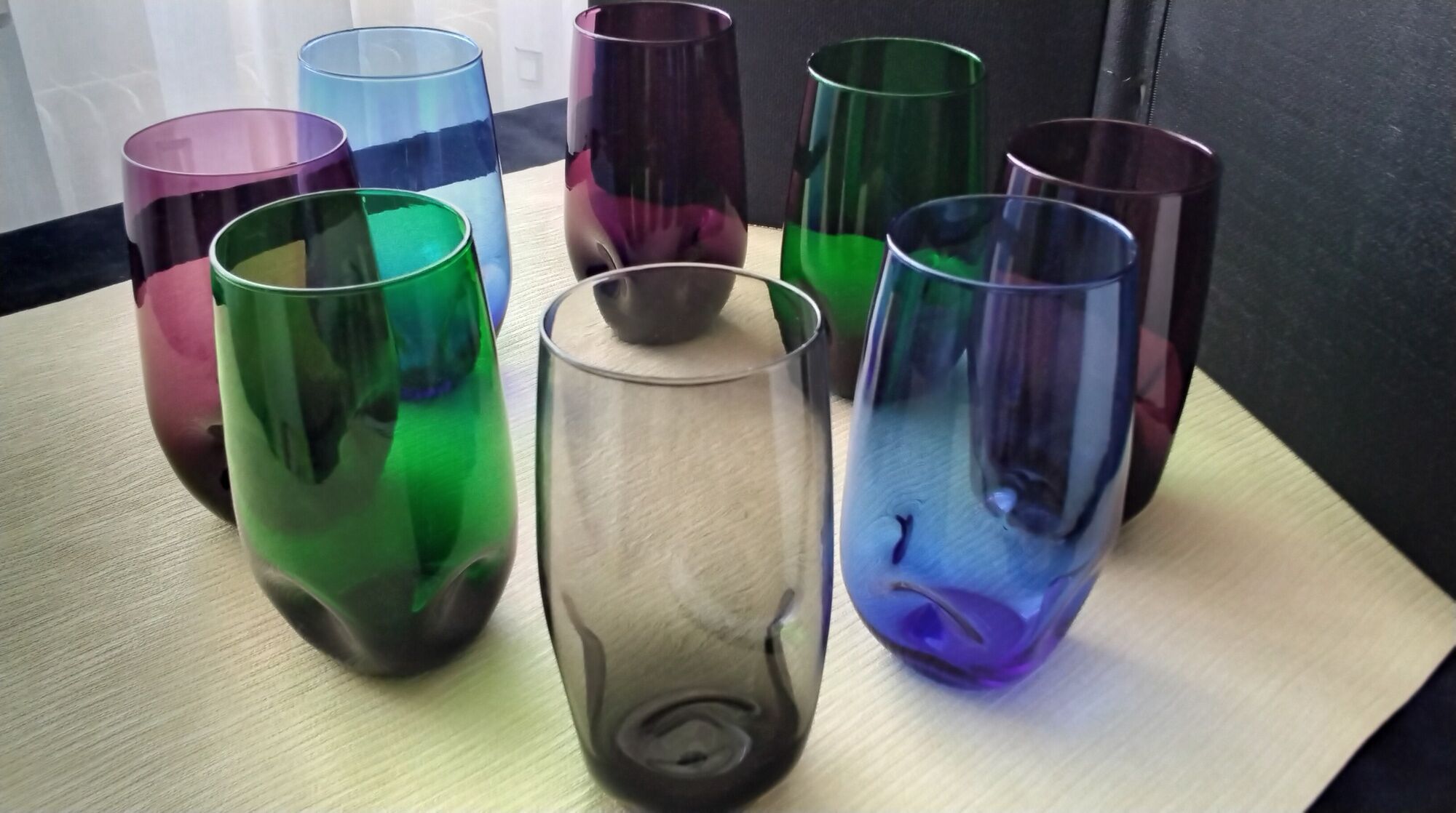 Set of 8 glasses cups high shape blown glass in different colors vintage