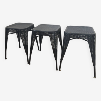 Set of 3 vintage 50s perforated metal stools