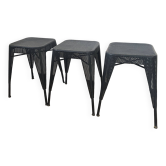 Set of 3 vintage 50s perforated metal stools