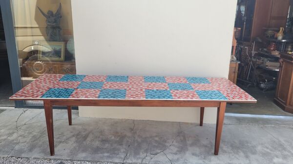 Table de ferme ancienne plateau mosaïque piètements fuselée -2m64