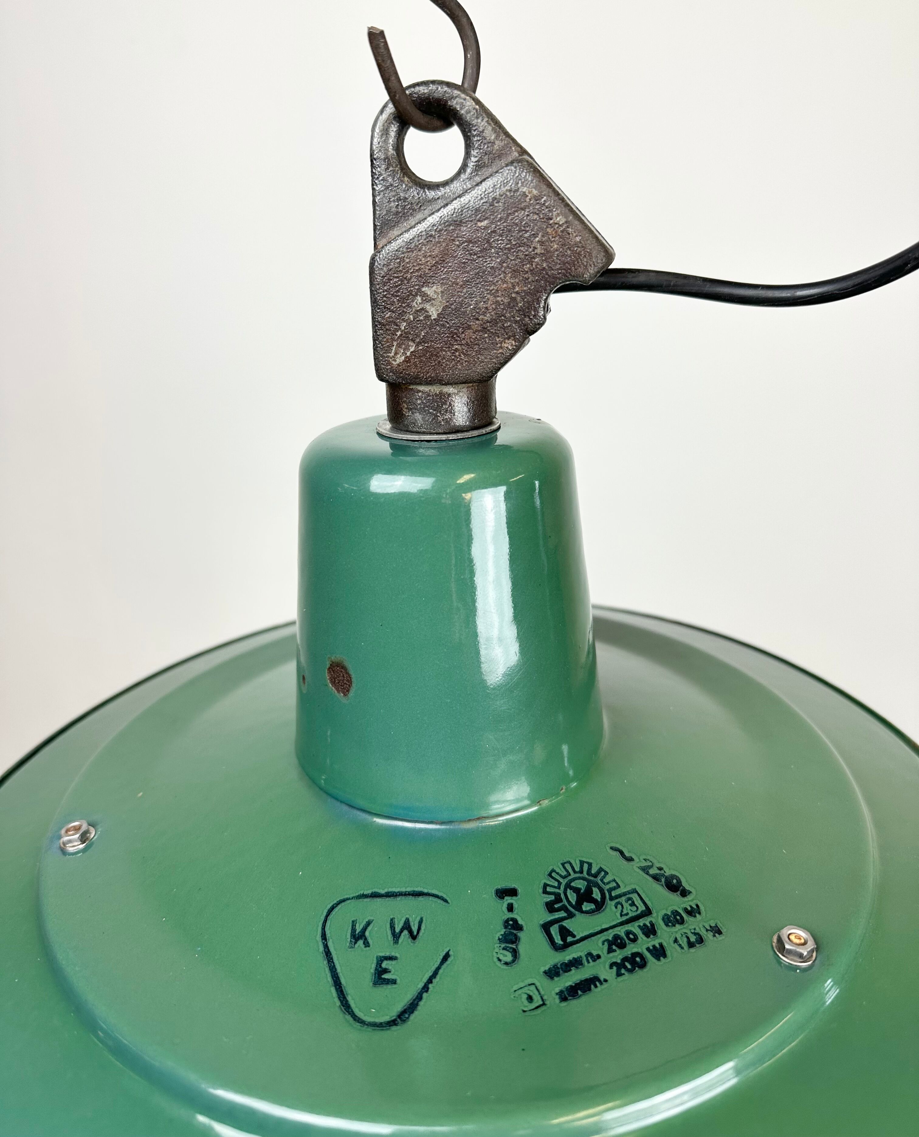 Green Enamel and Cast Iron Industrial Cage Pendant Light, 1960s