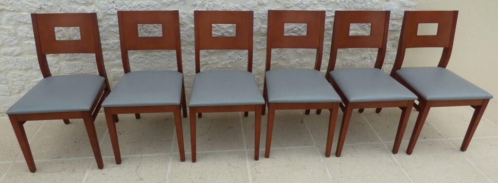 Set of 6 cherry wood style chairs with gray imitation leather seat