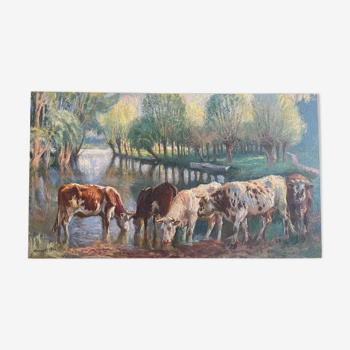 Vaches dans le bocage. Très grande Huile sur toile signée Raimond Lecourt