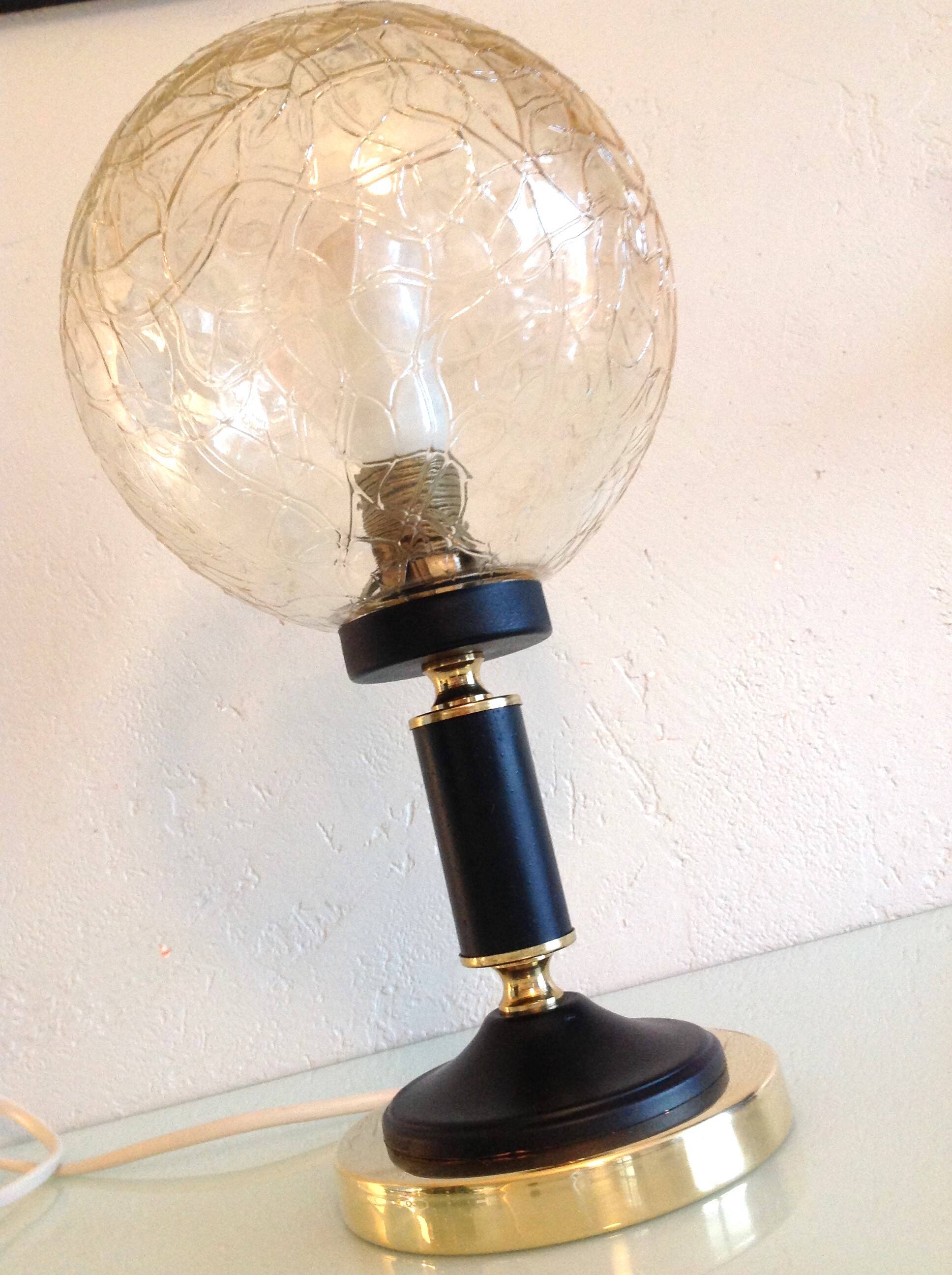 Structured amber glass globe lamp on black and brass base by Solken Leuchten/ 60s-70s
