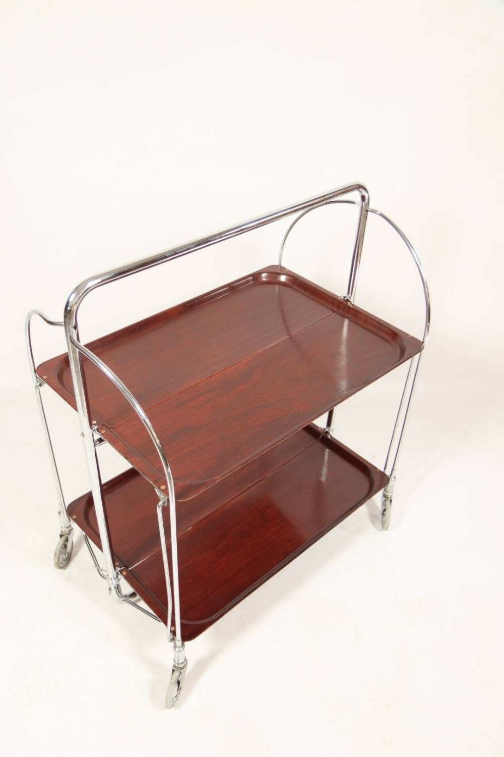 Bar de service vintage Bauhaus style chrome et bois mobile wengé