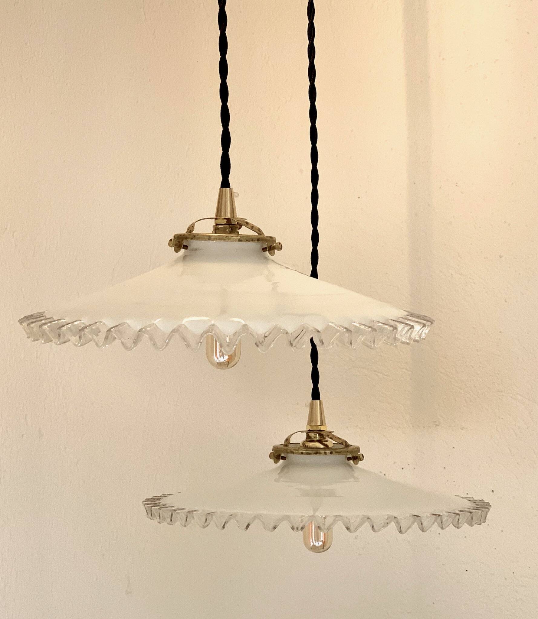 Pair of serrated opaline bistro pendant lights