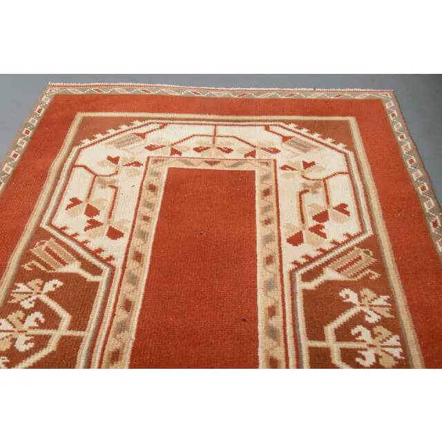 1970's Vintage Turkish Milas Handmade Wool Cotton Orange Area Rug 88x136