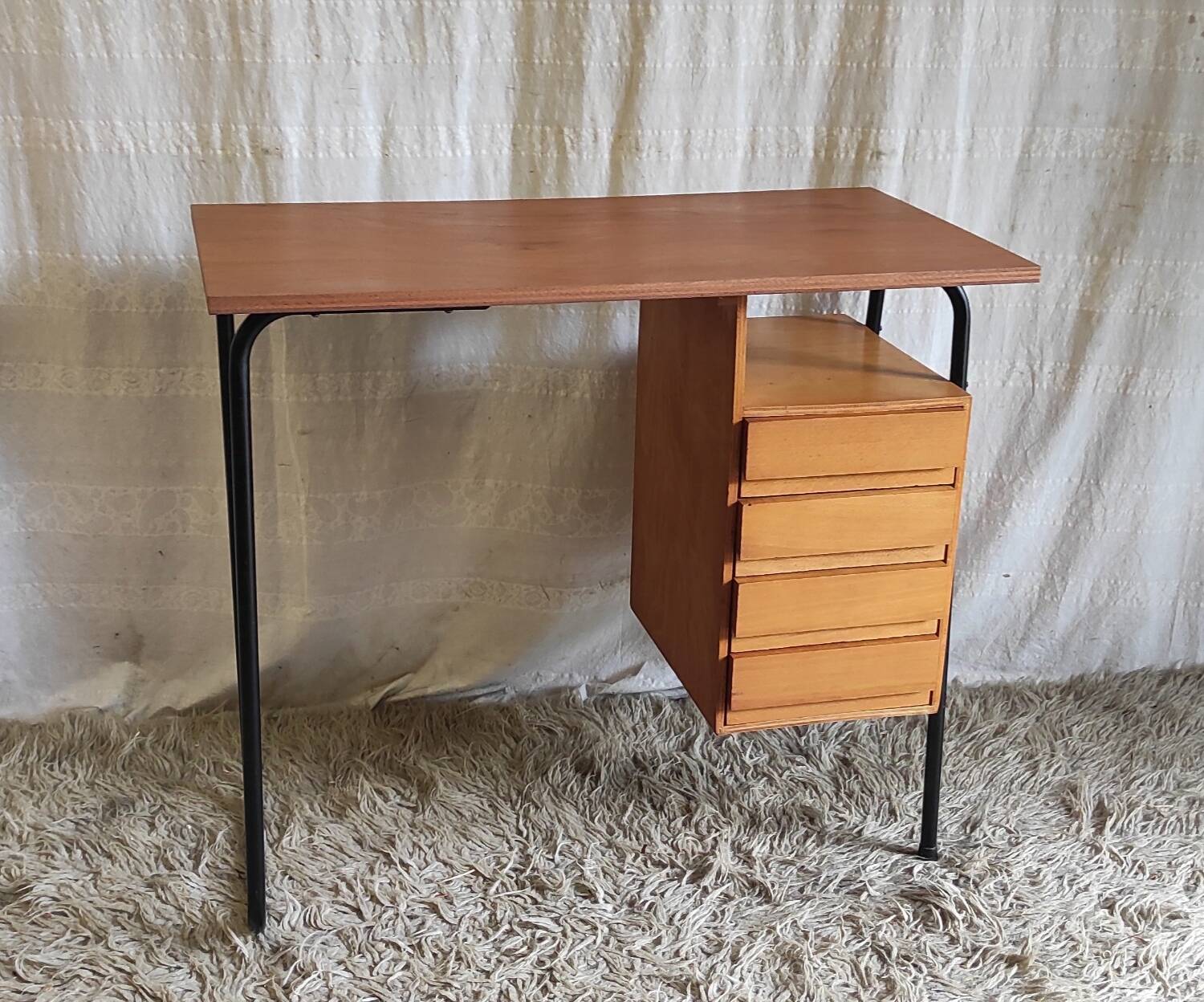 Bureau moderniste en métal et bois - années 60/70