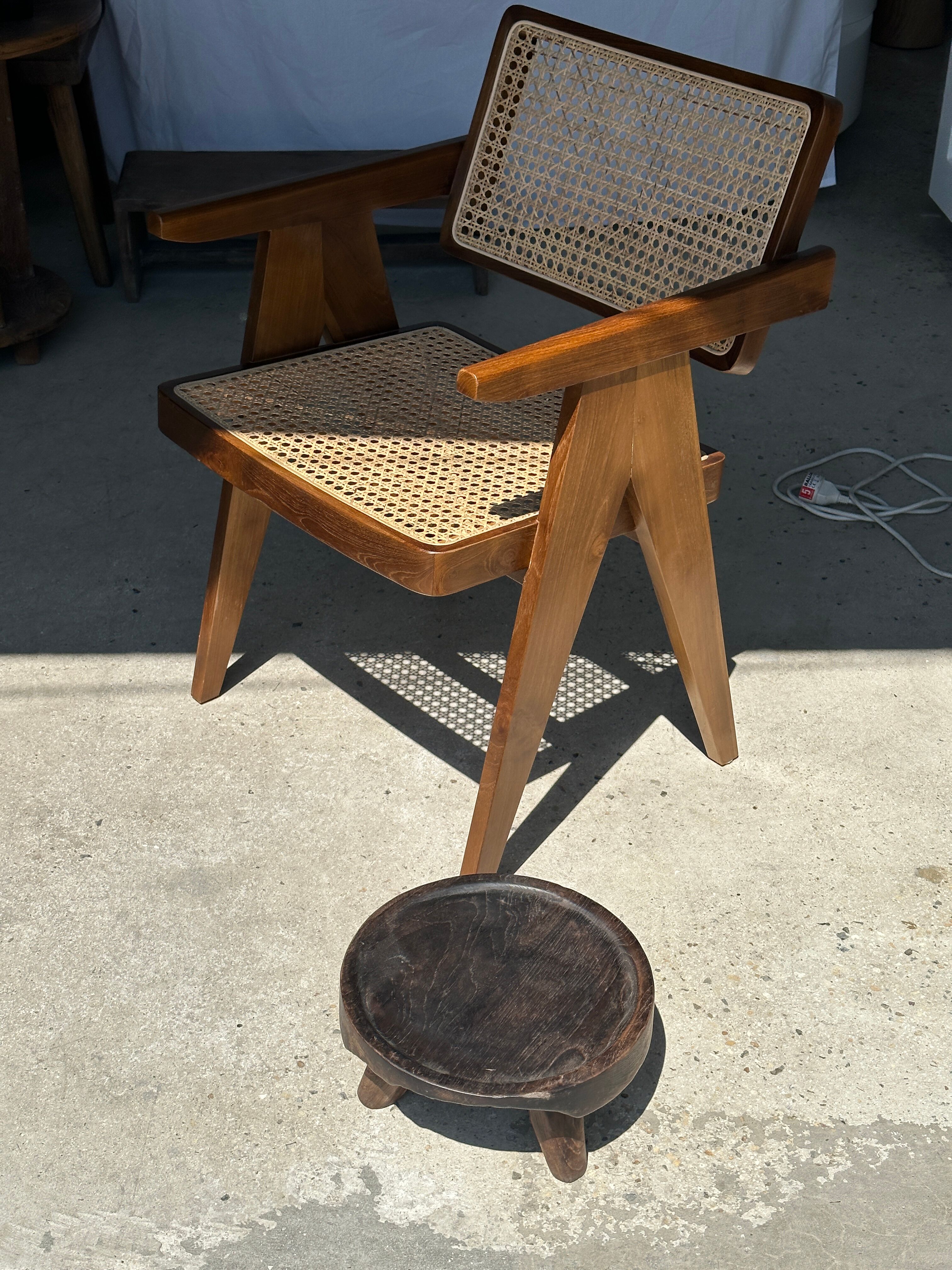 Small tripod stool low in dark brown upcycled teak