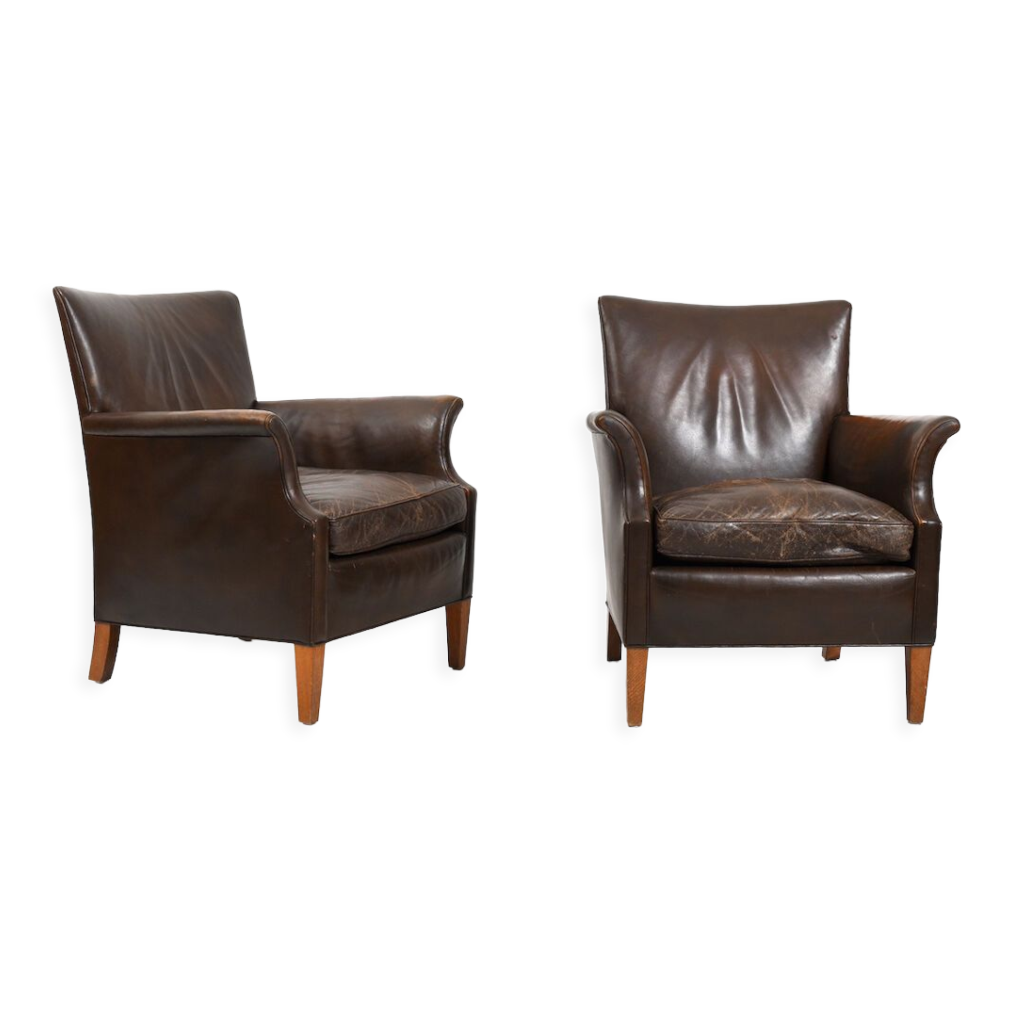 Pair of old Danish club chairs in patinated leather 1940s