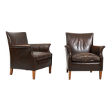 Pair of old Danish club chairs in patinated leather 1940s