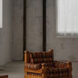 Brutalist lounge chair in solid pine, Swedish modern, made in the 1970s.