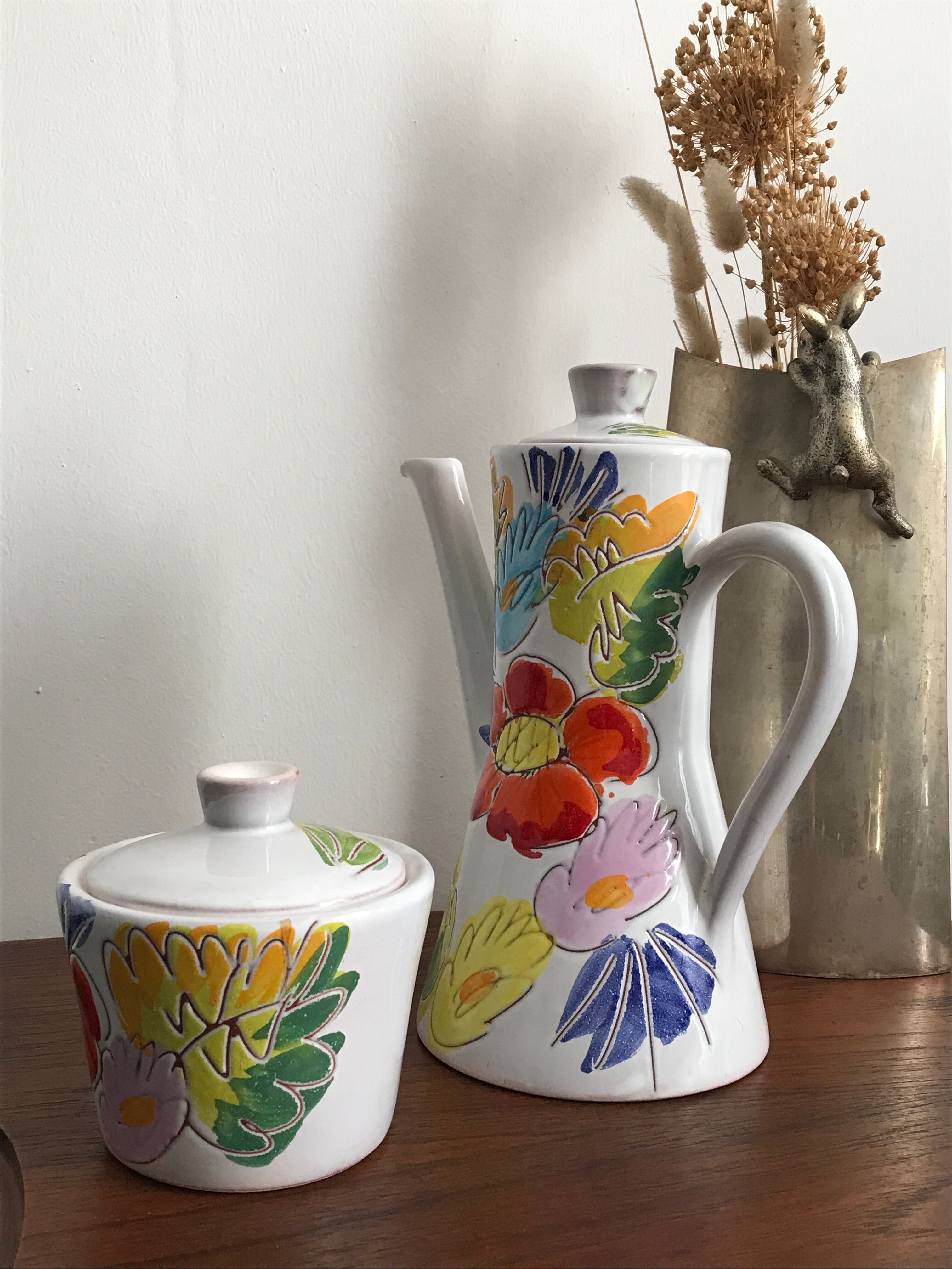 Vallauris coffee service engraved and hand painted - coffee maker and sugar pot fleuris vallauris