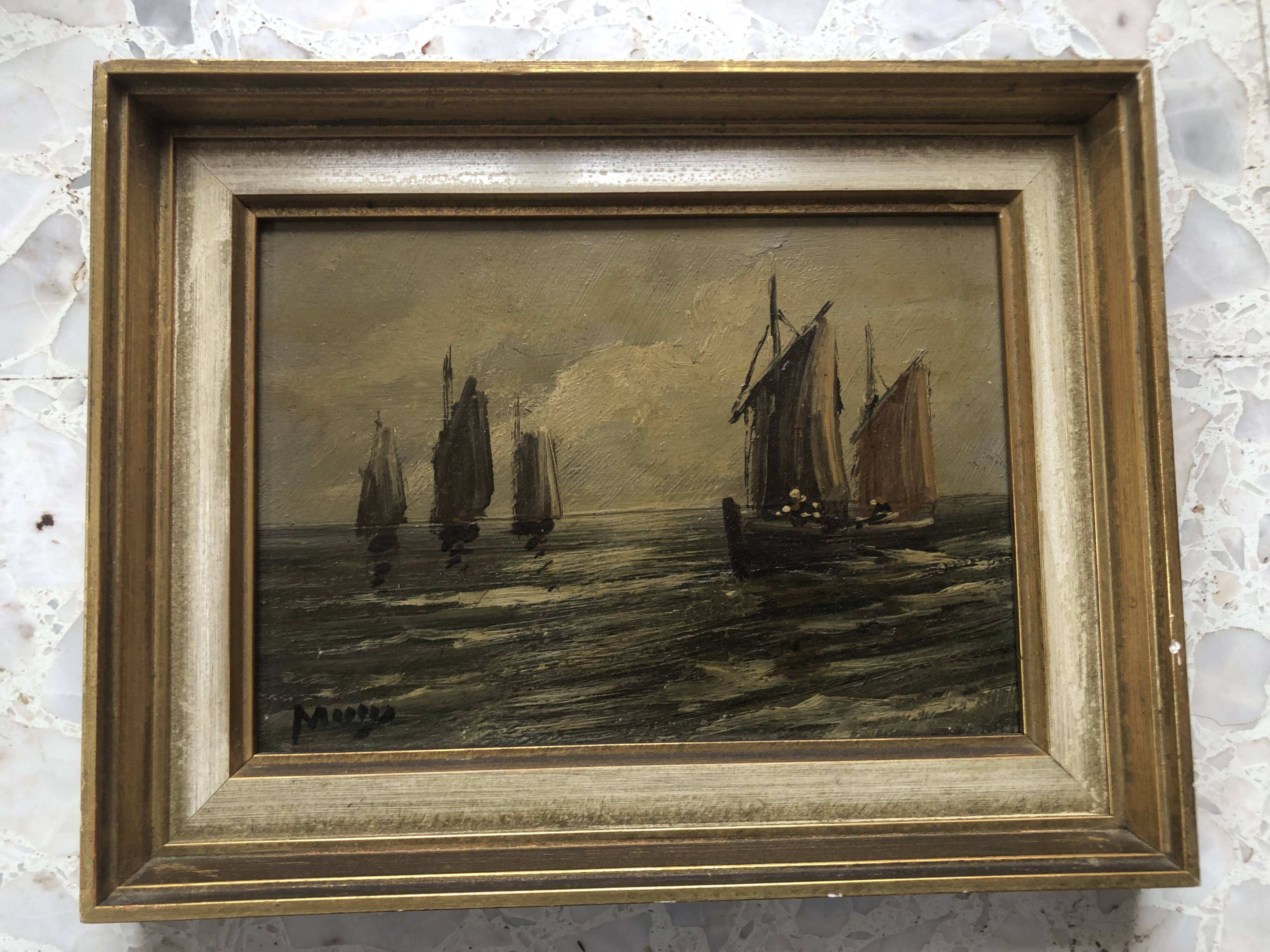Oil on panel MARINE early 20th century, sailing boat, fishing boat, signed