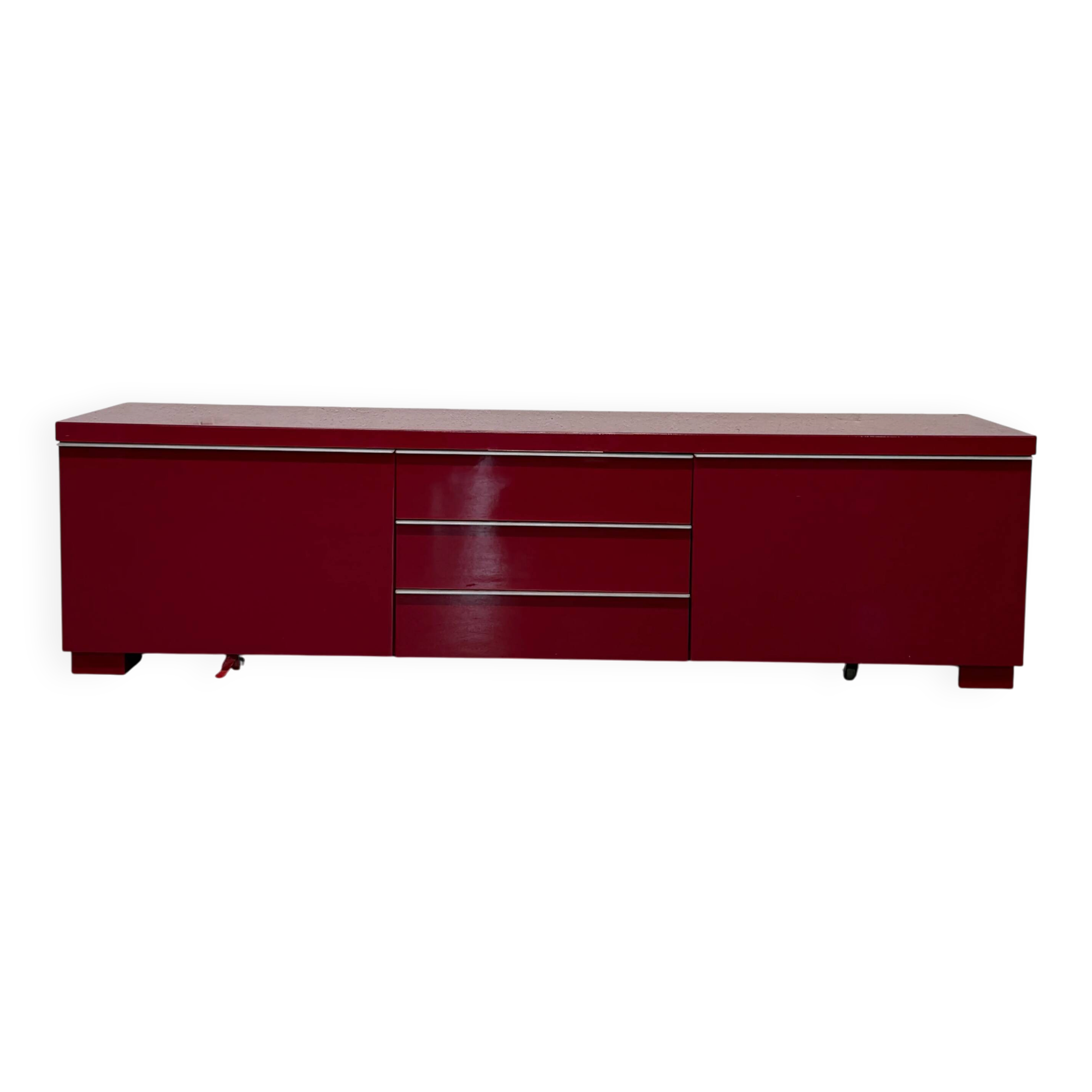 Glossy red semi-vintage lacquered IKEA sideboard with drawers