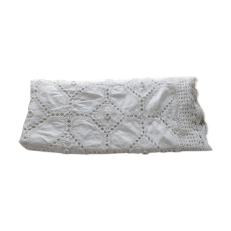 Nappe blanche en crochet, coton & petites fleurs 165 x 195 cm