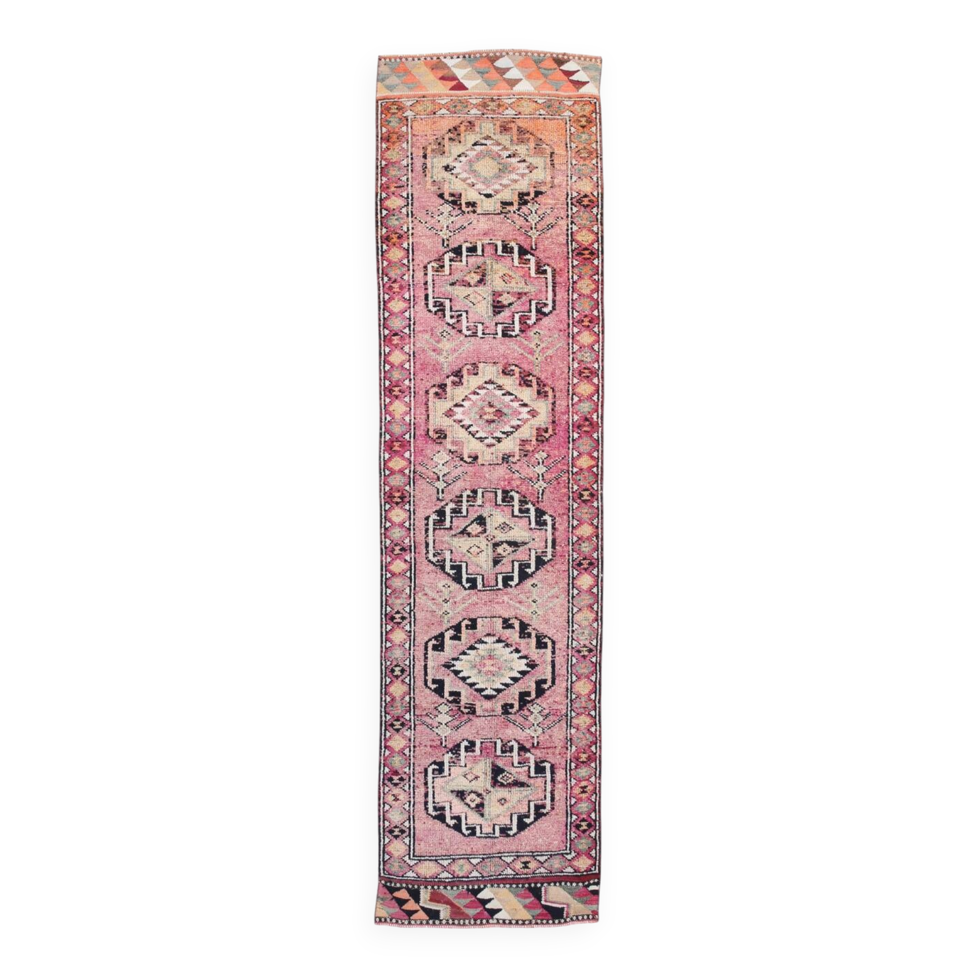 3x12 Soft Pink Vintage Runner Rug, Handwoven Antique 60s, 91x359Cm