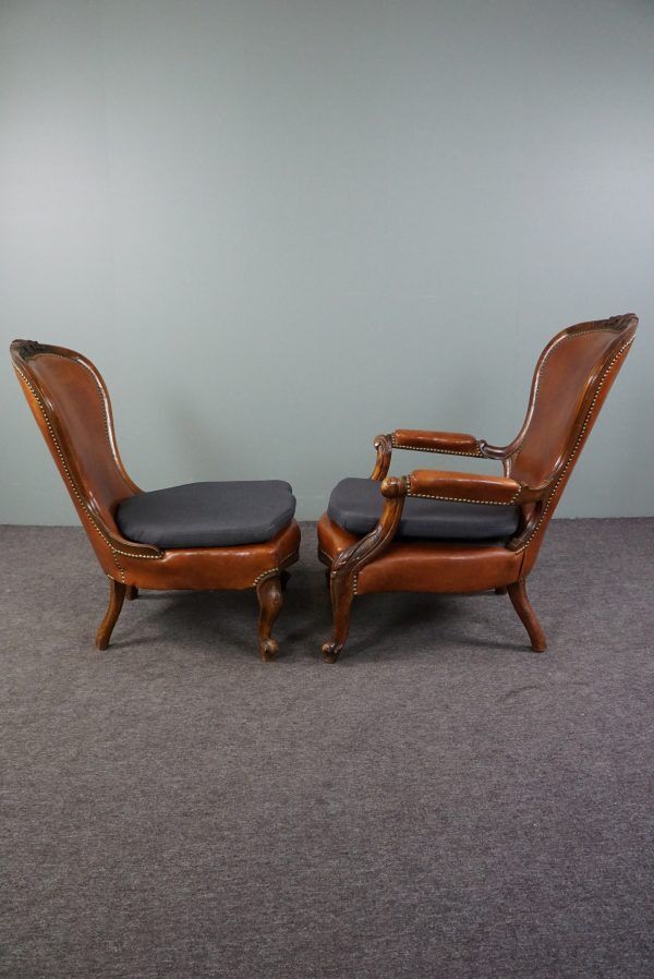 Unique antique set of 2 sheepskin leather armchairs