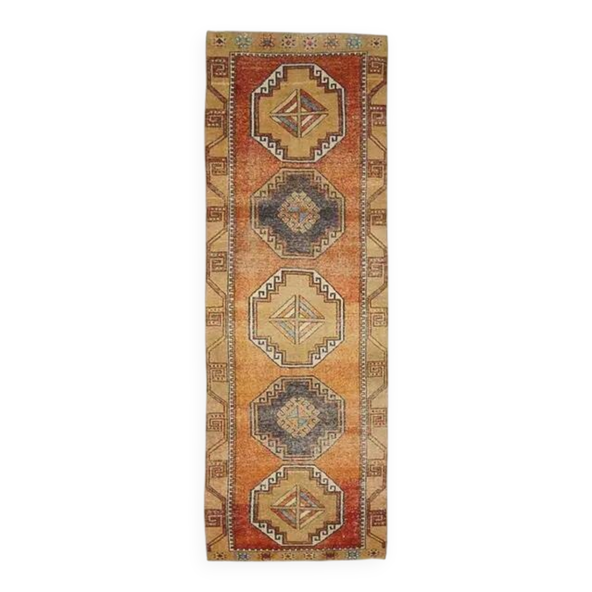 1970s vintage Turkish Oushak handmade wool cotton orange runner rug 103x330