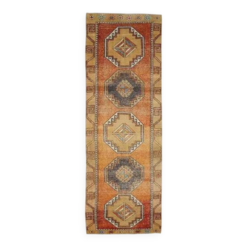 1970s vintage Turkish Oushak handmade wool cotton orange runner rug 103x330