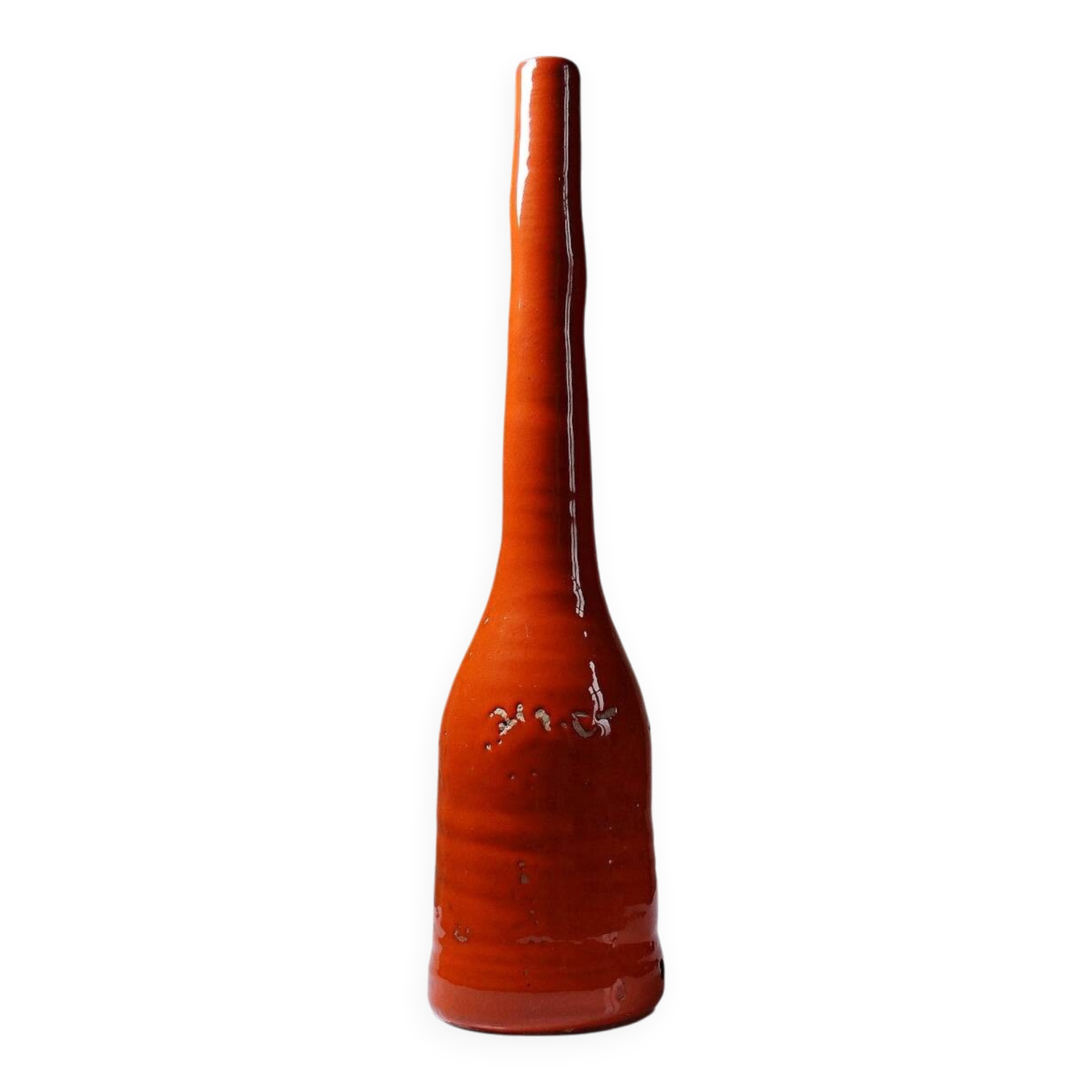 Bright orange mid-century decorative bottle lamp base glazed pottery.