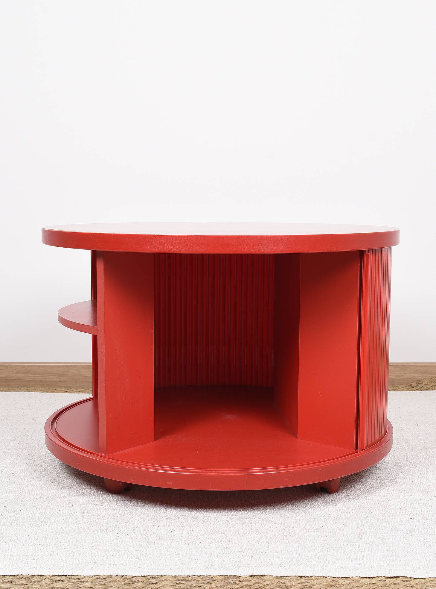 vintage ikea table, with storage shelves inside and sliding doors