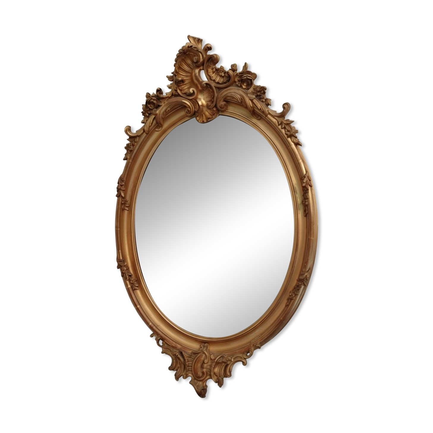 Miroir ancien ovale en bois doré à la feuille d'or – glace biseautée –