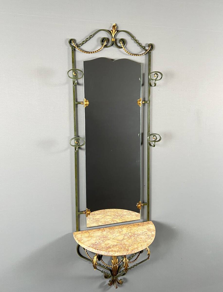Wall console with mirror, wrought iron and marble, 20th century