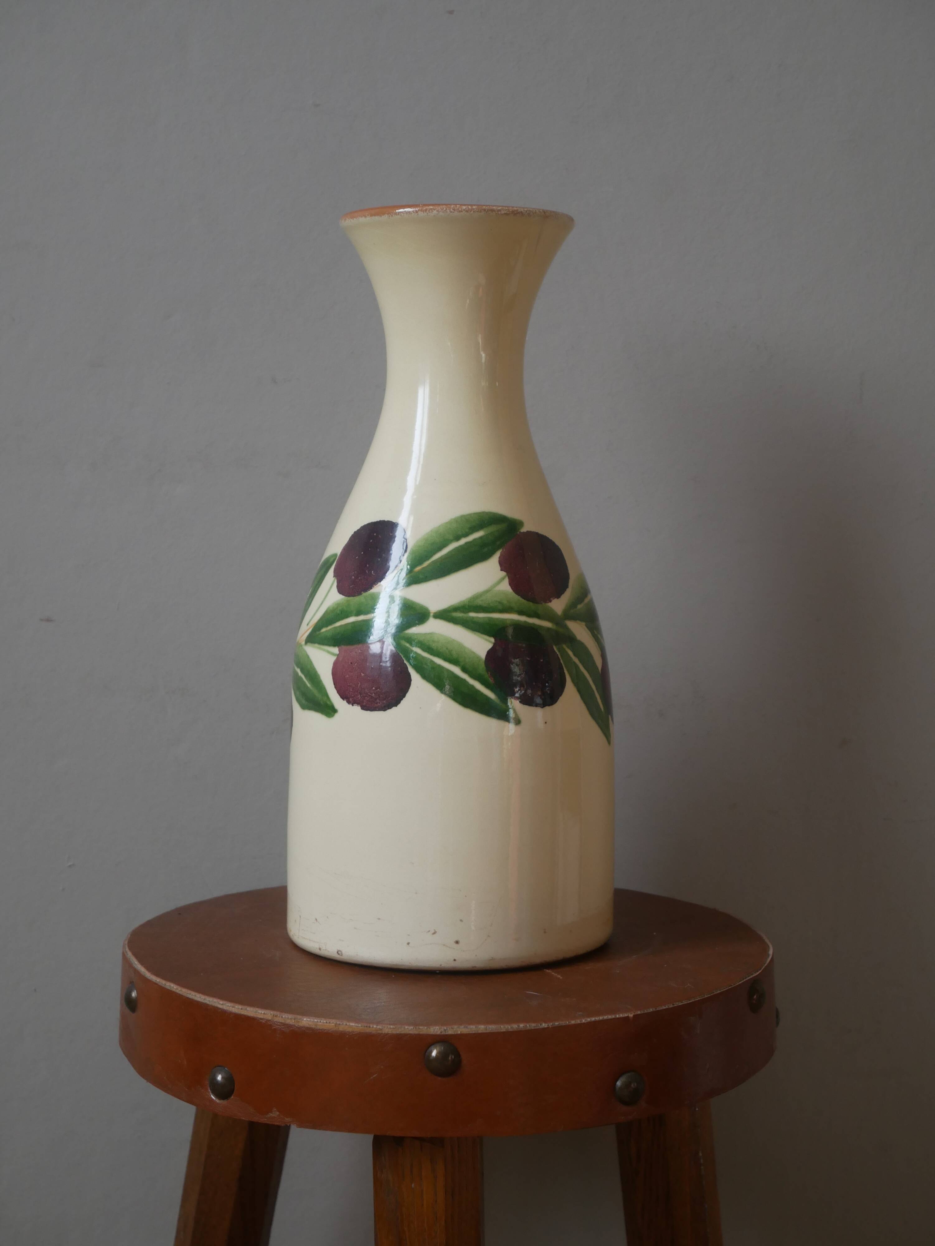Vintage glazed ceramic vase made in Italy fruit decor handmade pottery jug