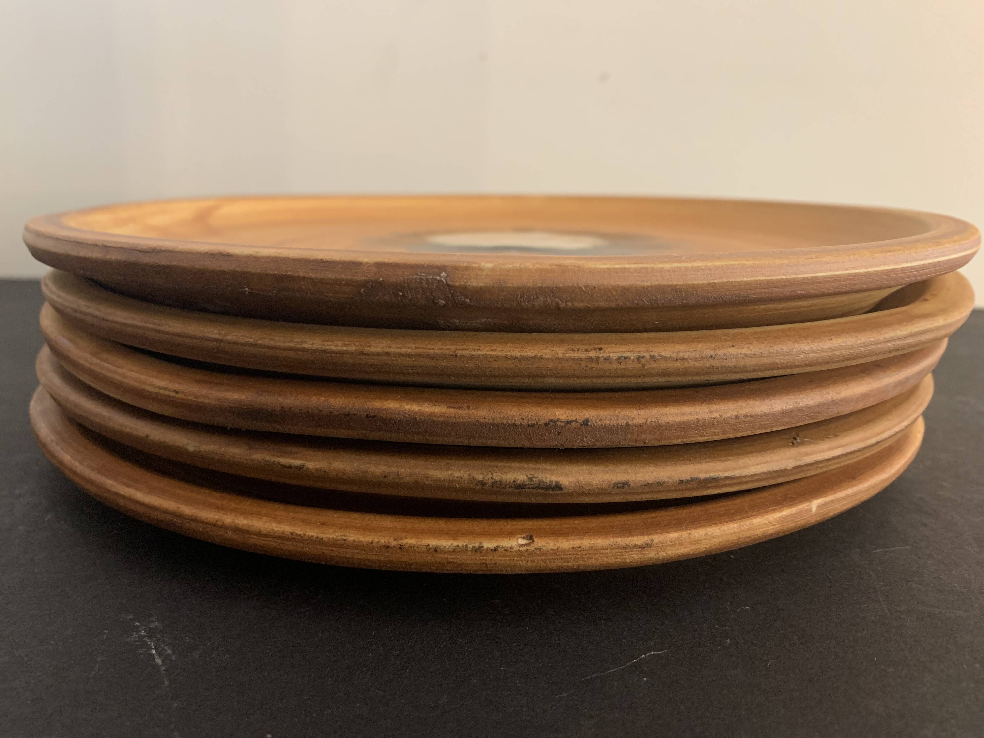 5 plates flat sunflower, Poterie de la Colombe, Vallauris style, 1970
